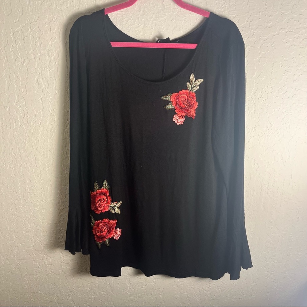 Unique Spectrum Black Embellished Blouse with Red Floral Details